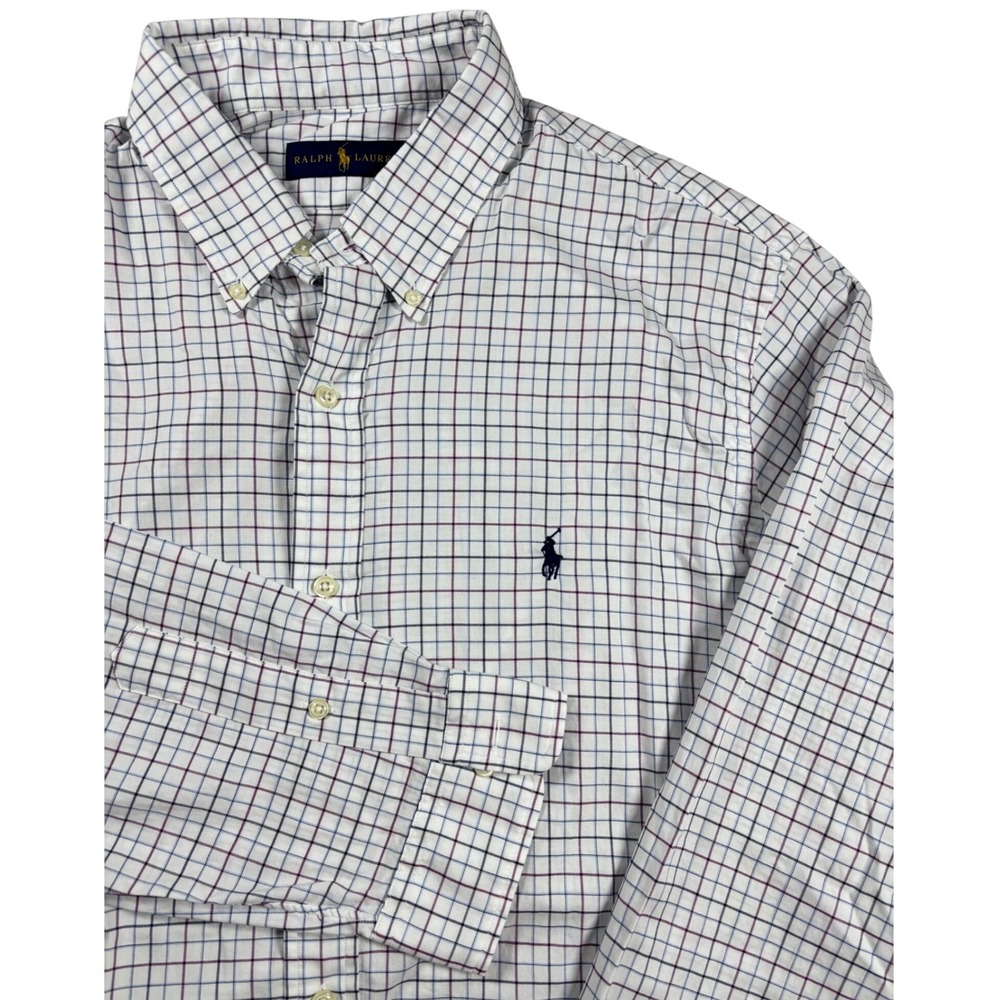 Polo Ralph Lauren Mens XL White Navy Burgundy Tattersall Check Button Down Shirt